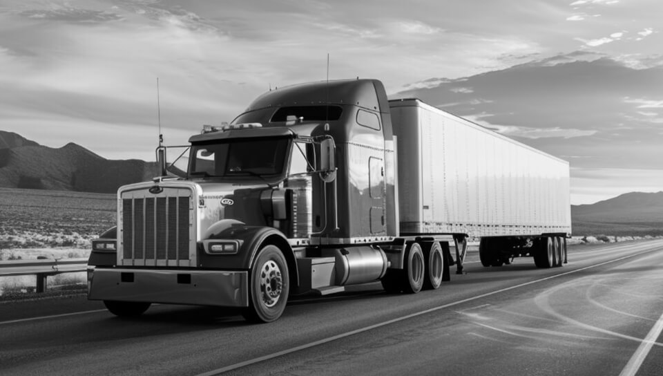 A semi-truck drives along an empty highway at sunset.